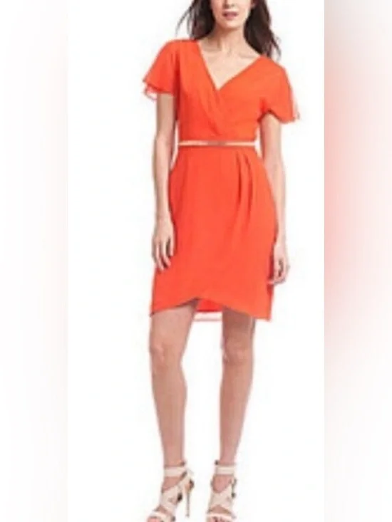 NWT Belle Badgley Mischka Orange Cocktail Dress Crossover Flutter Sleeve - Picture 2 of 11